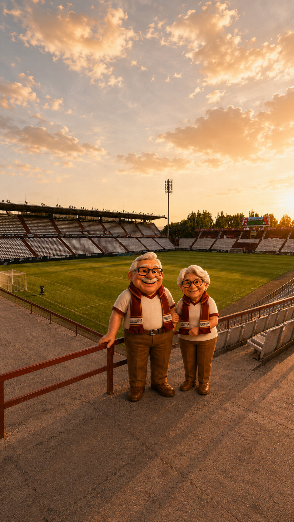 Juanito y Llanos sobre el césped del Estadio Carlos Belmonte al atardecer — Albacete Balompié