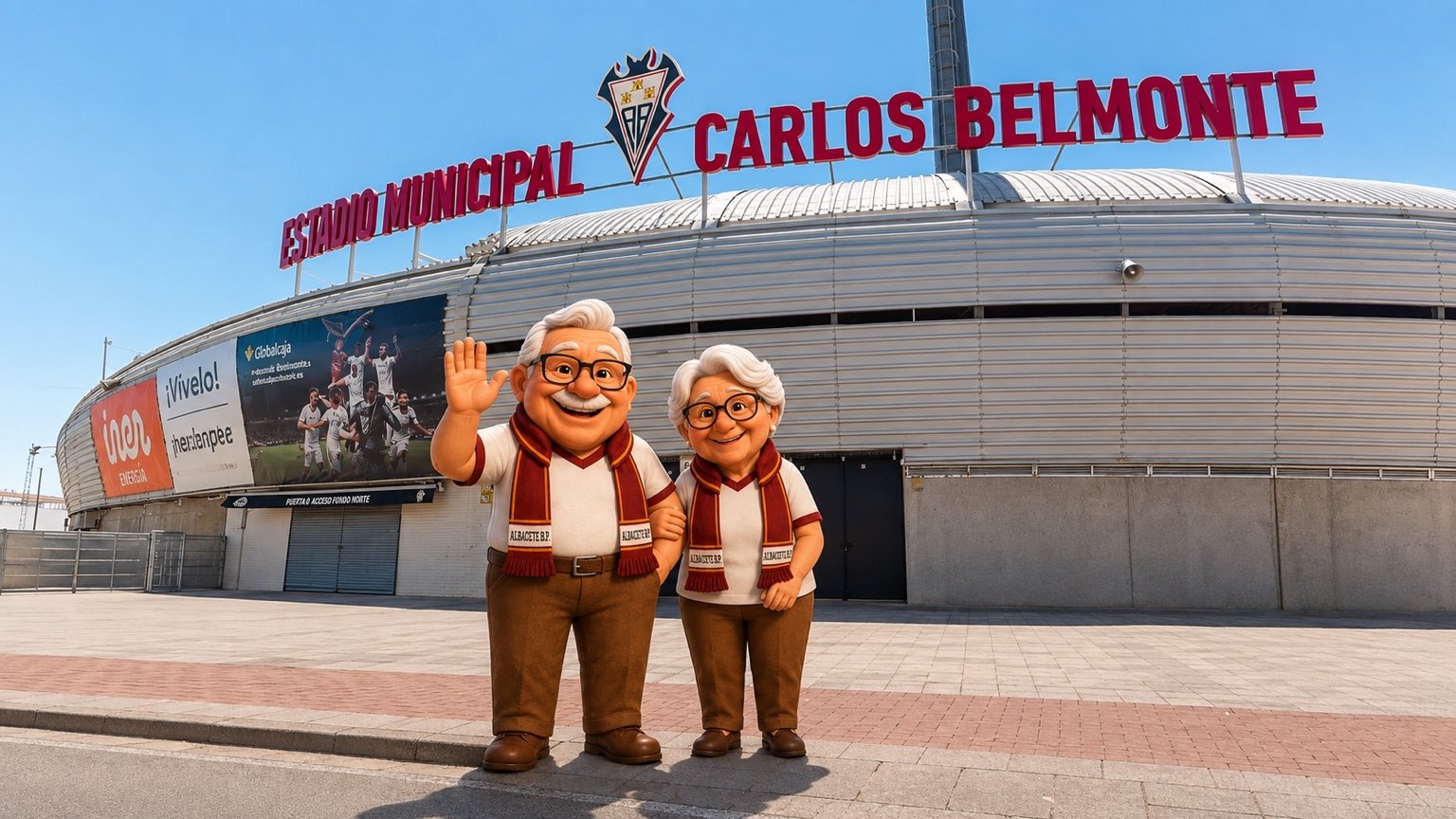 Fachada del Estadio Municipal Carlos Belmonte, casa del Albacete Balompié — Juanito y Llanos ante la Puerta 0 (Fondo Norte)