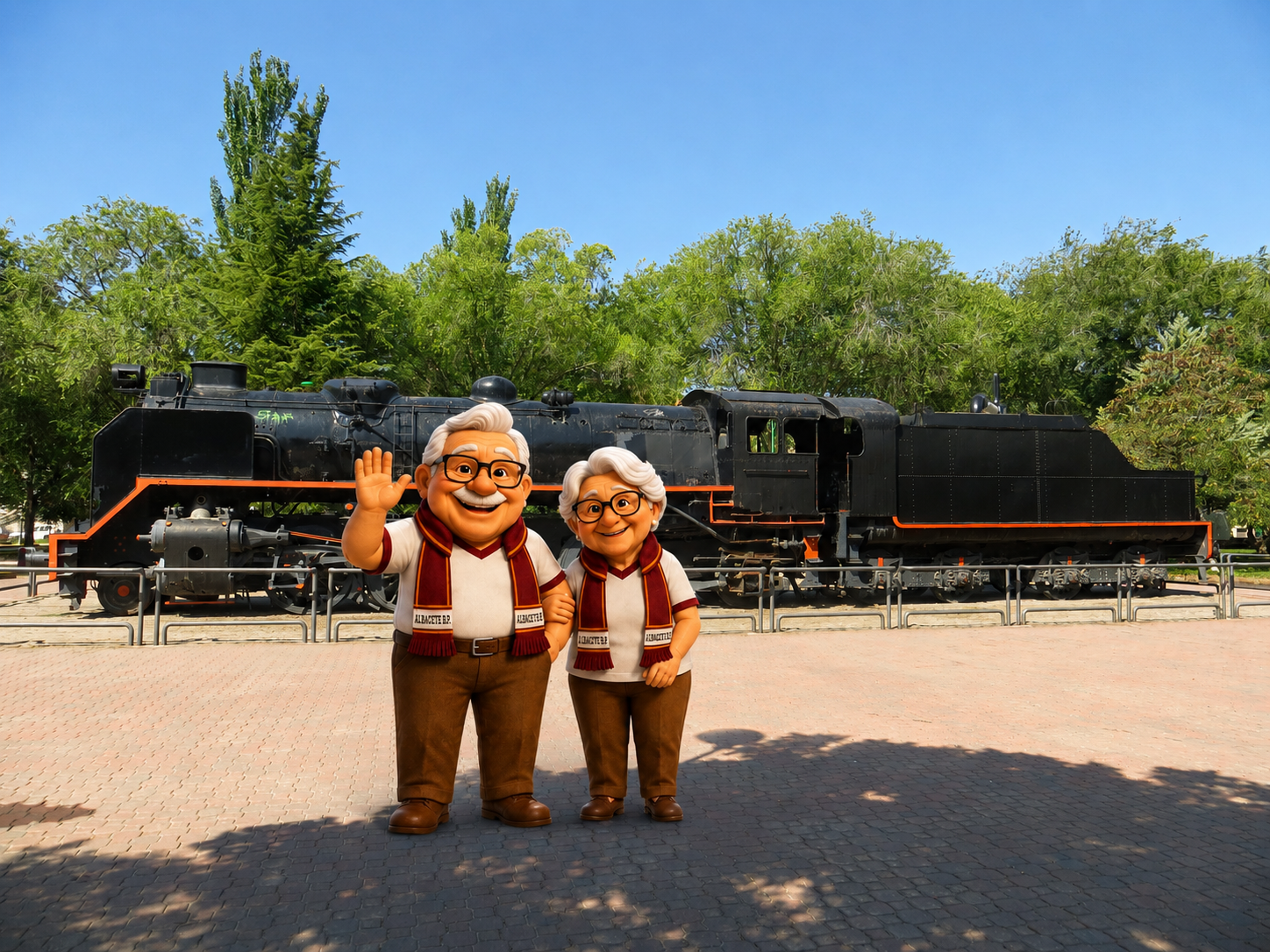 Juanito y Llanos junto a la locomotora Mikado en el Parque Lineal de Albacete — símbolo del origen ferroviario del fútbol albaceteño