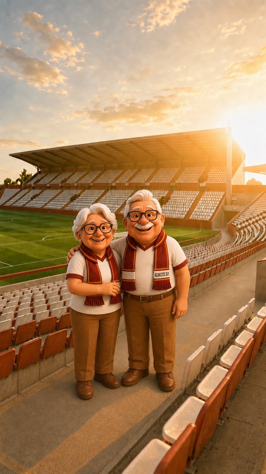 Juanito y Llanos en la tribuna del Estadio Carlos Belmonte de Albacete Balompié al atardecer