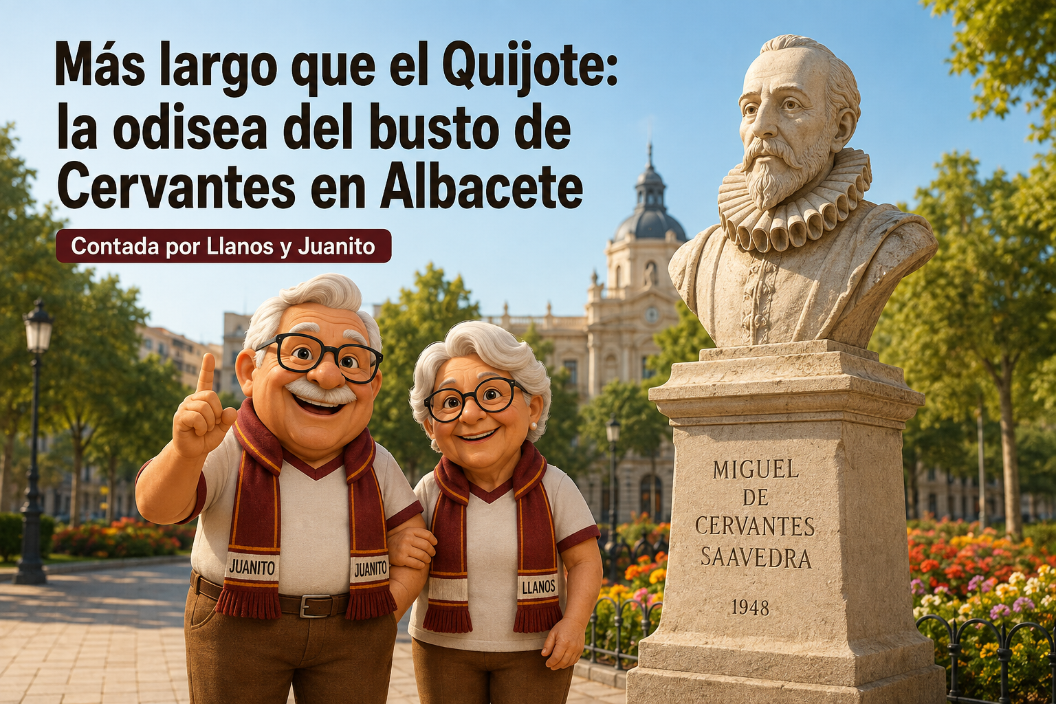 Juanito y Llanos ante el busto de Cervantes de 1948 en el Parque de Abelardo Sánchez de Albacete