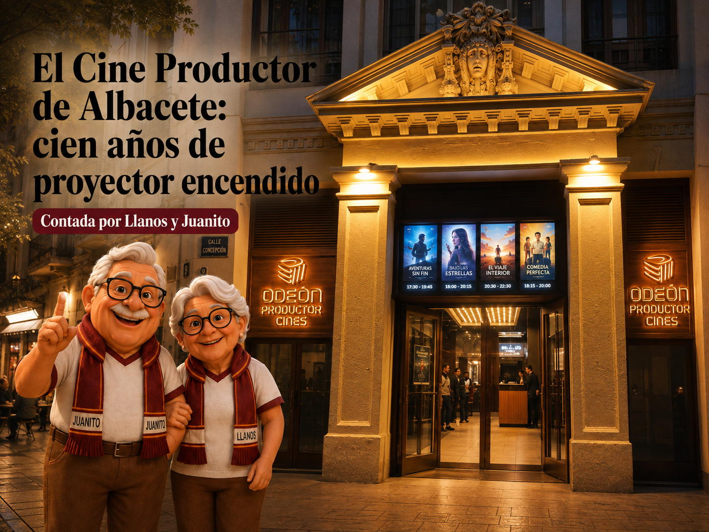 Juanito y Llanos ante la fachada del Odeón Productor en la calle Concepción de Albacete