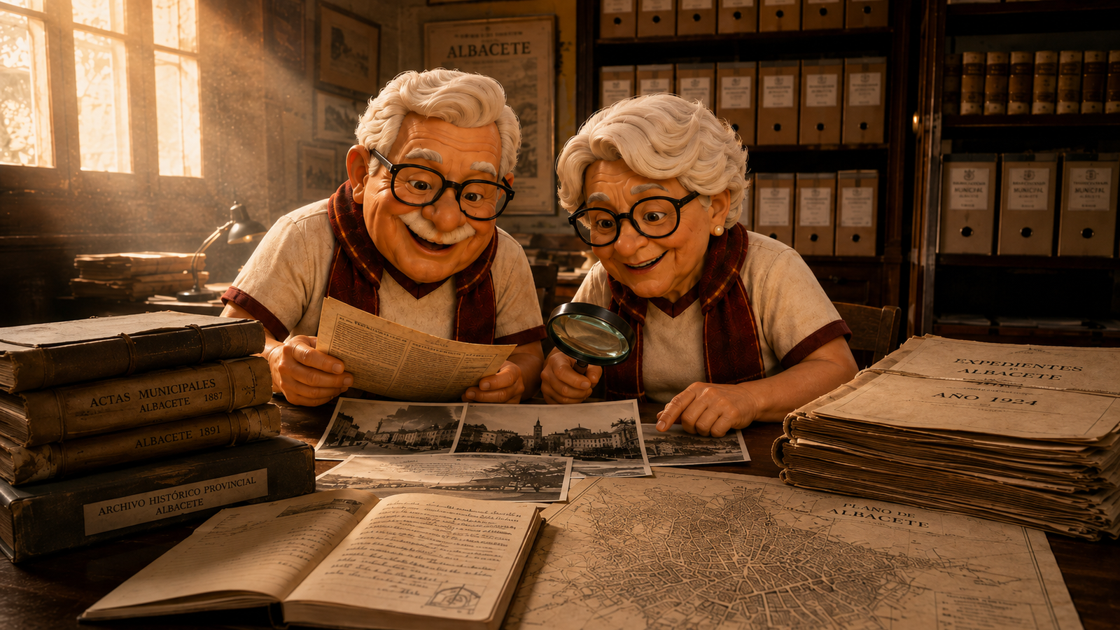 Juanito y Llanos investigando actas municipales y planos históricos de Albacete en el archivo