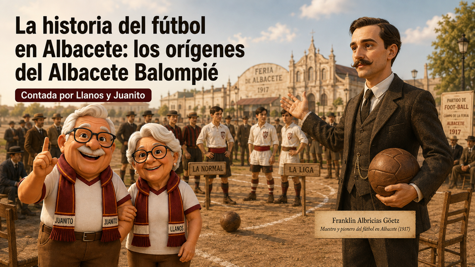 Juanito y Llanos con Franklin Albricias en el campo de la Feria de Albacete, primer partido de fútbol de 1917