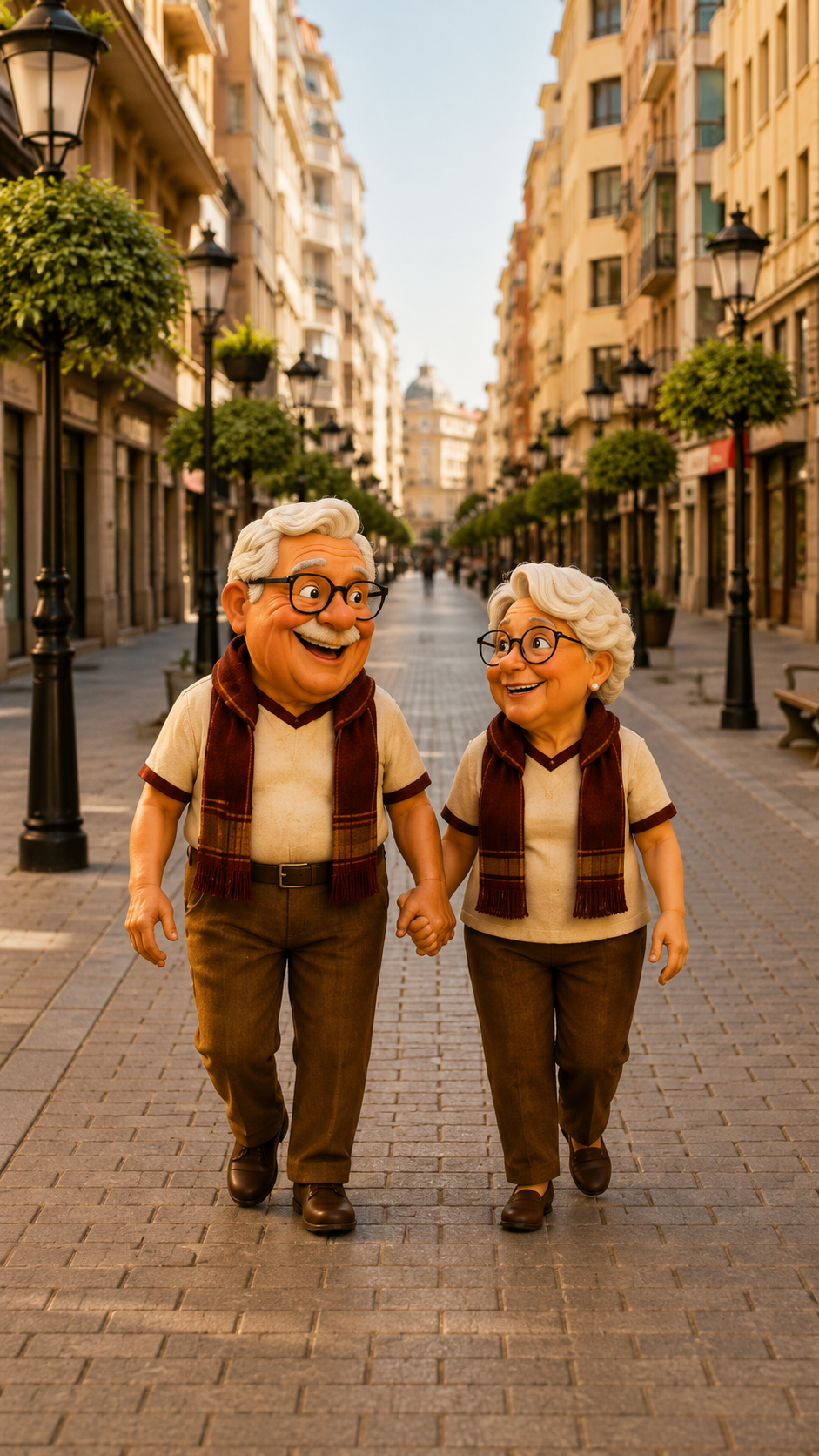 Juanito y Llanos paseando de la mano por la calle Rosario de Albacete
