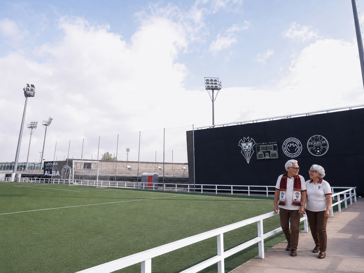 Juanito y Llanos paseando junto al campo de la Ciudad Deportiva del Albacete Balompié, con el lema Locura por el Alba al fondo