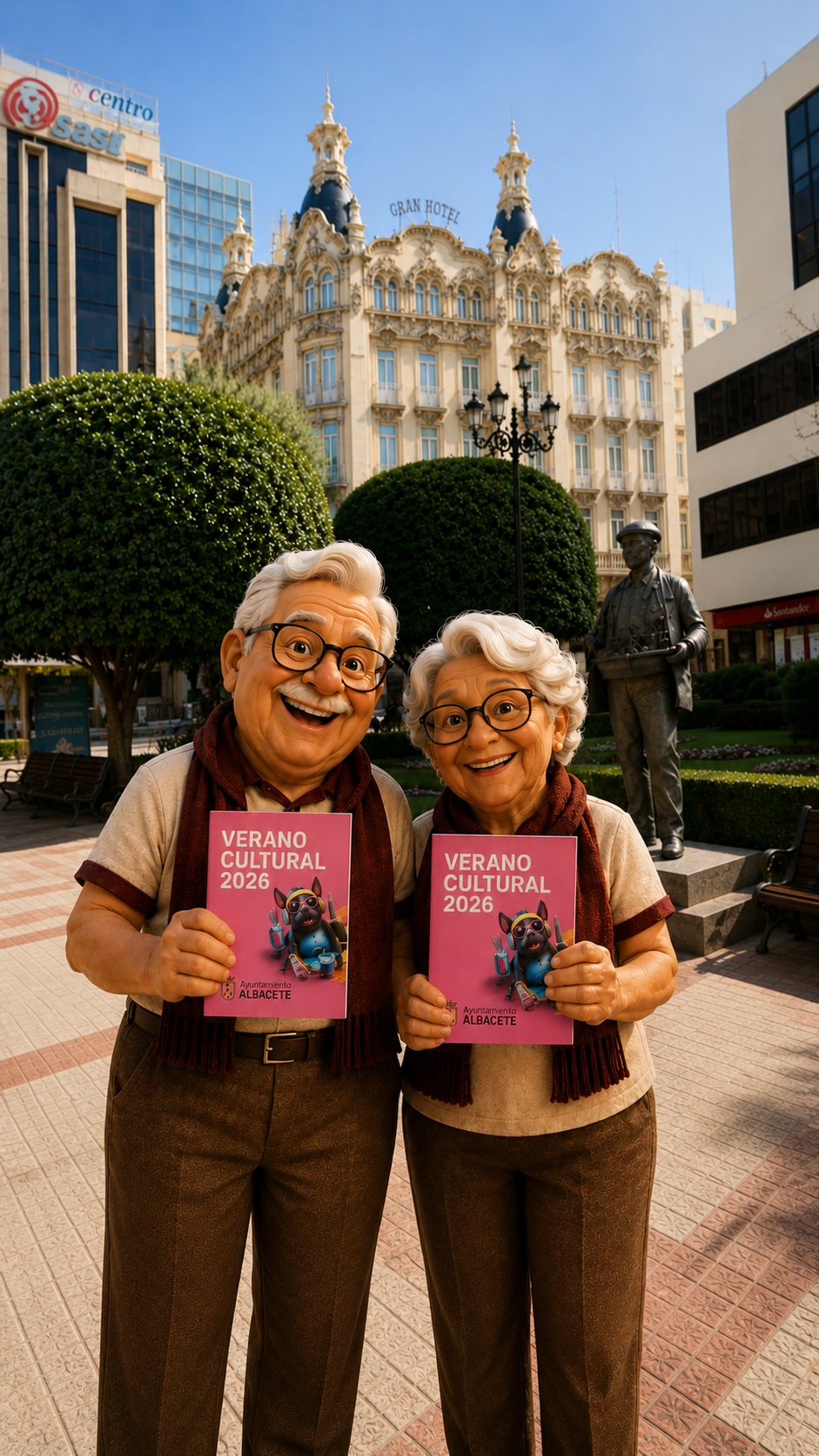 Juanito y Llanos con el programa del Verano Cultural de Albacete frente al Gran Hotel en el Altozano