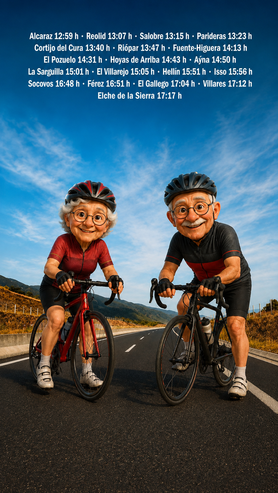 Juanito y Llanos en bicicleta por una carretera de la Sierra del Segura con el horario de paso de La Vuelta a España 2026 por los pueblos de Albacete