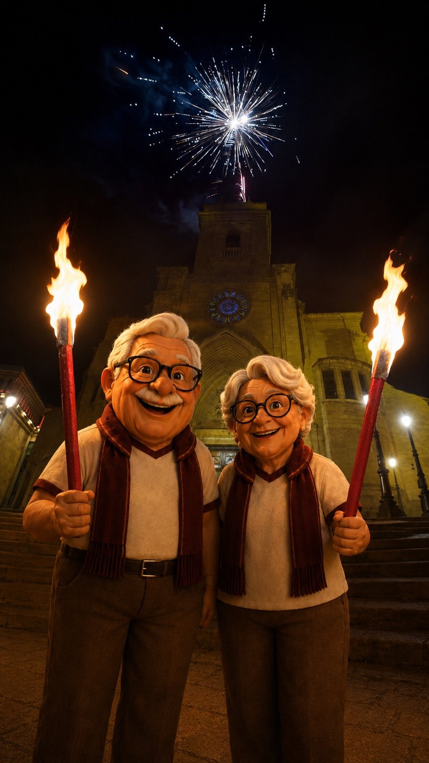 Juanito y Llanos con antorchas encendidas ante la Catedral de Albacete en la noche de San Juan